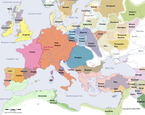 Mapa da Europa no início do século XIII