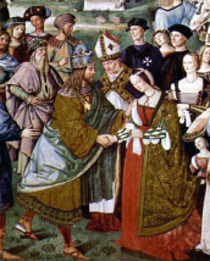 O bispo Eneias Sílvio entre a infanta D. Leonor e o imperador Frederico III